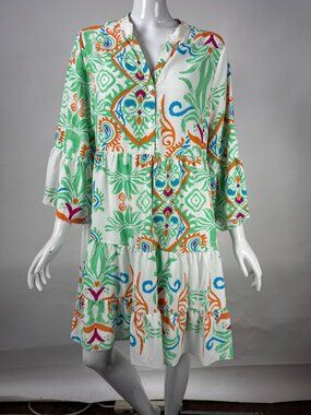 Miduo Womens Printed Tiered Dress L Green Orange Blue Bohemian Style